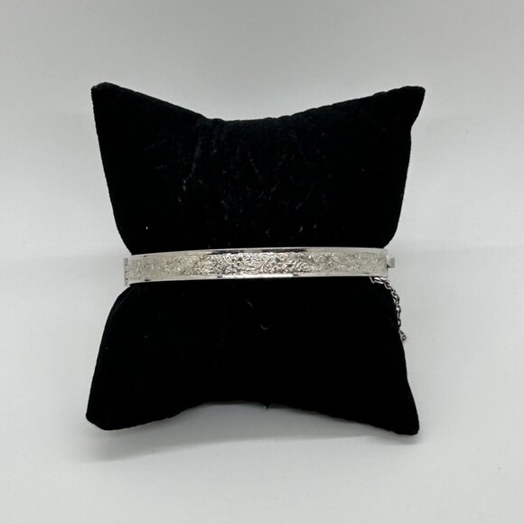 Vintage Silver-Tone Hinged Bangle Bracelet With Rhinestone Accents & Safety Chai - Picture 13 of 13